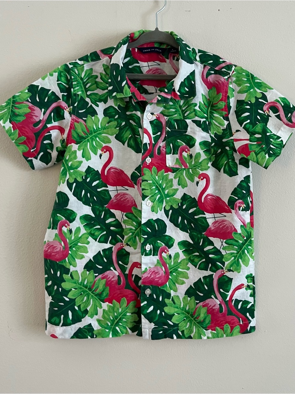 Janie and Jack Boy’s Pink Flamingo & Green Tropical Button-Down Shirt